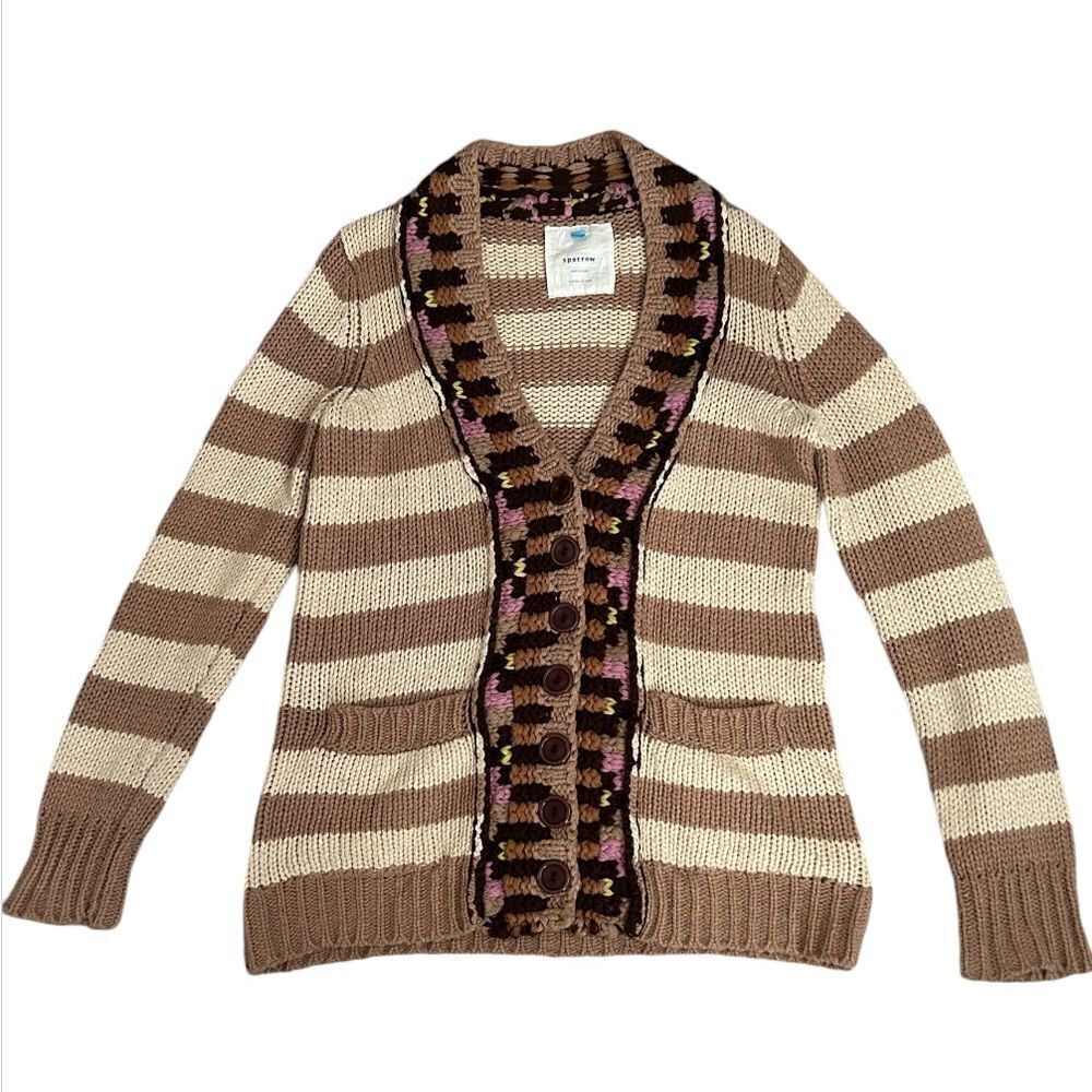 ANTHROPOLOGIE SPARROW Hopi Basket Cardigan Sweater Striped Cream Tan Size Medium